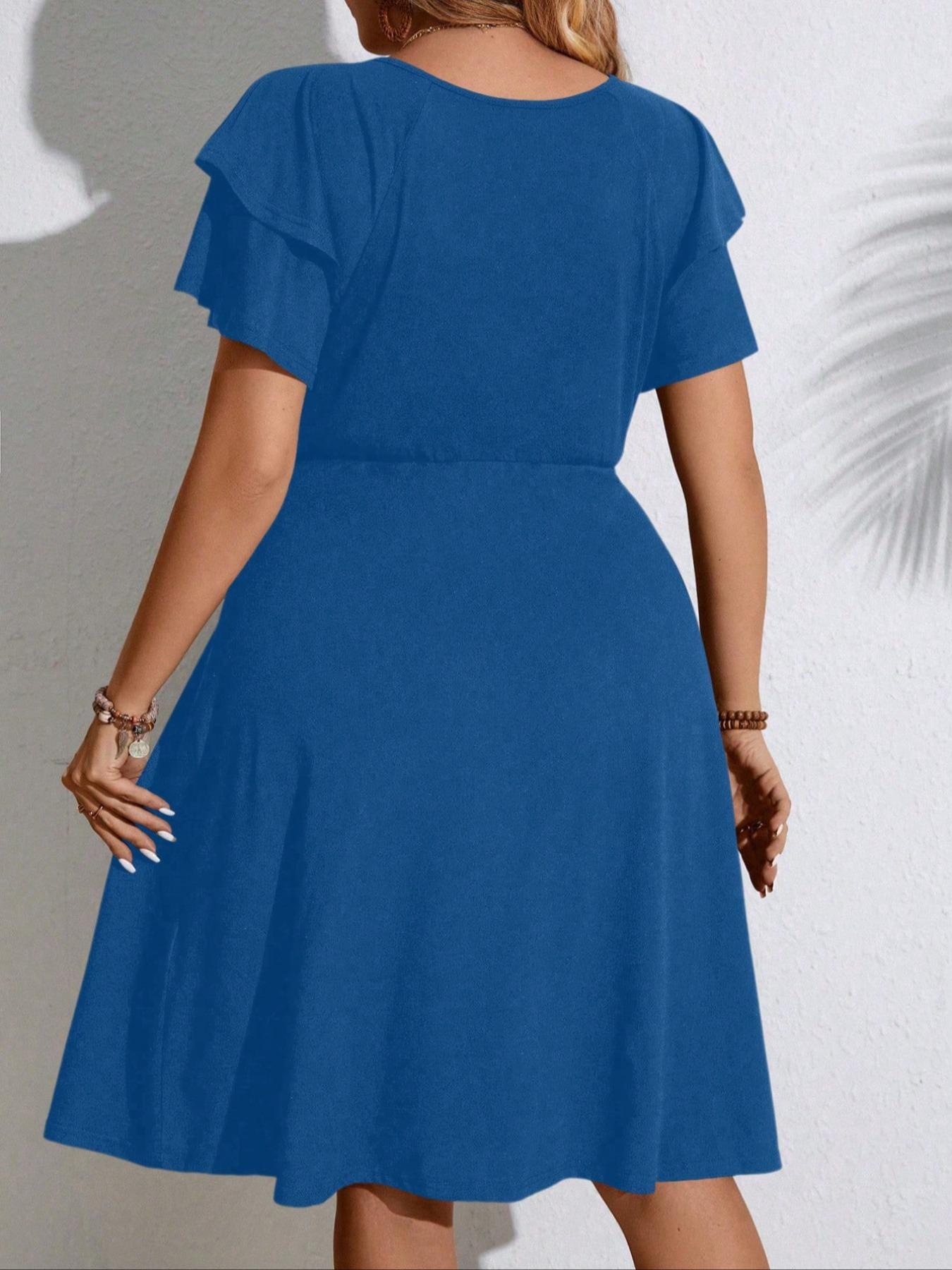 【Plus Size】 Solid Color V Neck Dress, Fashion Casual Dress for Wedding Guest, Women's Clothing for Summer