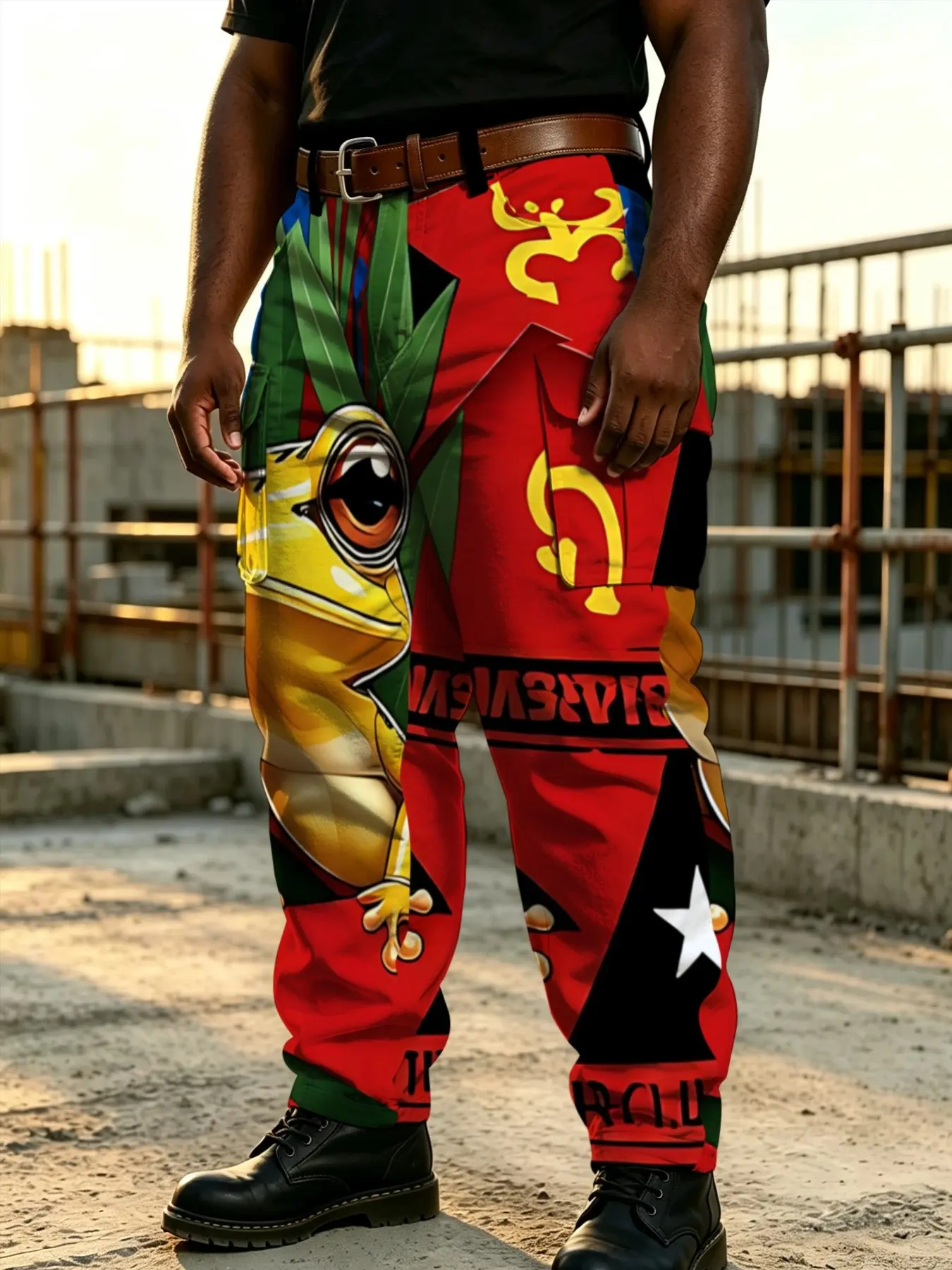 Large Size Men's American Style Cartoon Frog All over Print Work Pants, Trendy Colorful Pattern, Multiple Pockets, Streetwear Loose F