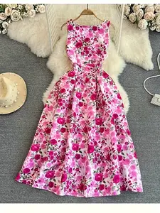 Women's Rose Vintage Romantic Floral Sleeveless Midi Dress, Round Neck Slim Fit Elegant Vacation Daily Waist Cinch A-Line Summer Tank Long Dress