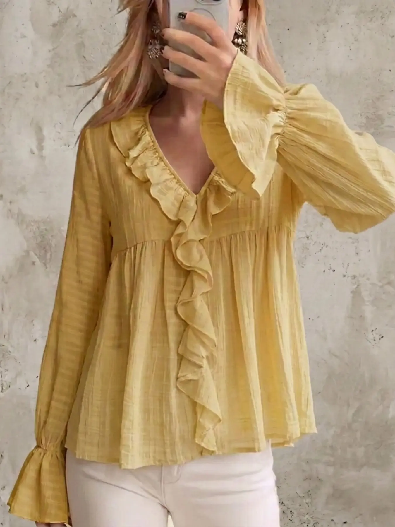 Women's Boho French V-Neck Ruffle Hem Top, Sleeveless Slim-Fit Long Shirt, Solid Pattern, All Seasons, Unlined, Not Vest