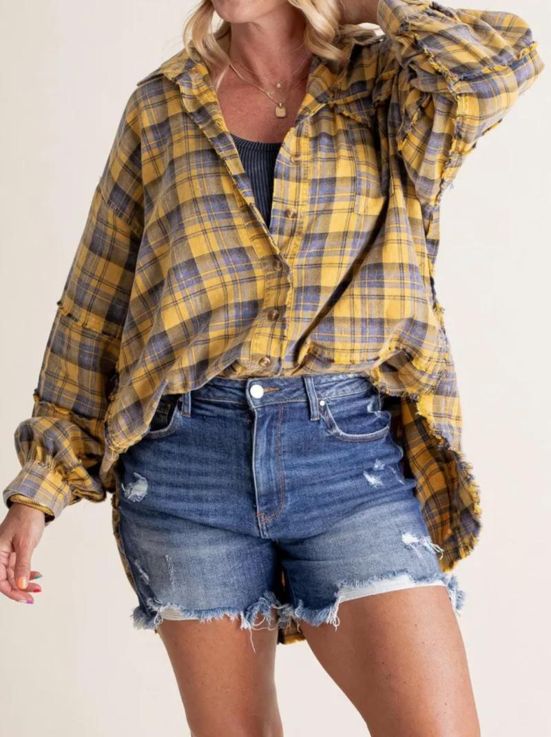 Women's Autumn and Winter New Frayed Lantern Sleeve Loose Button Plaid Shirt Top Womenswear