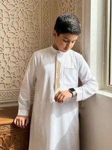 Muslim Boy Traditional Thobe, Classic with Embroidery, Stand Collar Button Design, Side Pockets, Ages 8-12, Casual/formal/eid
