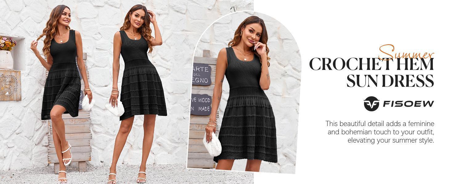 Fashare Womens Summer Mini Dresses Casual Crewneck Knitted Crochet Hem Flowy Tank Sundress  Sleeveless sundress prom dress