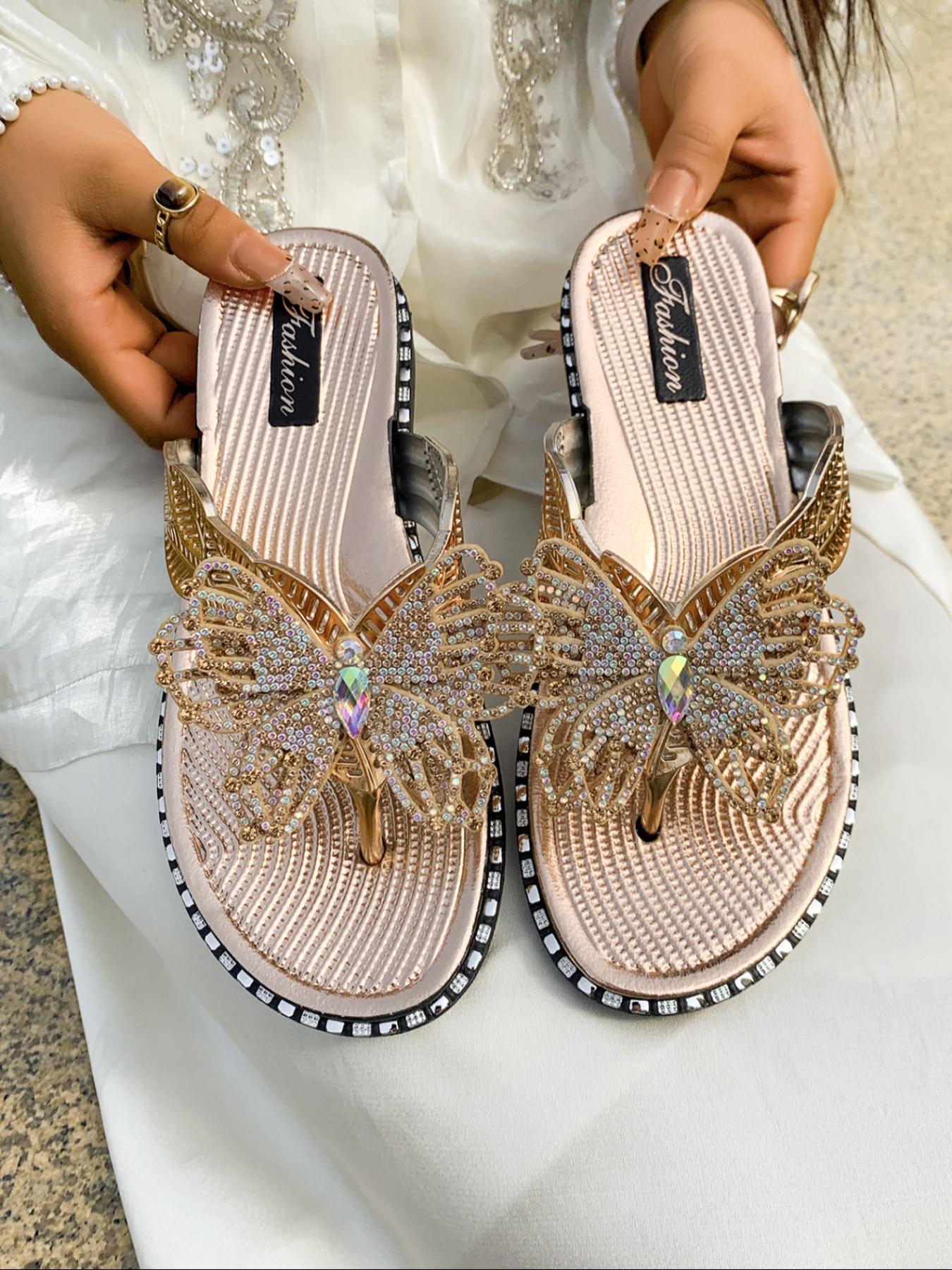 Luxury Rhinestone Butterfly Flip-Flops, Summer Beach Wedge Sandals for Women, Sparkly Thong Slides for Vacation, Casual Outdoor Platform Slippers  777