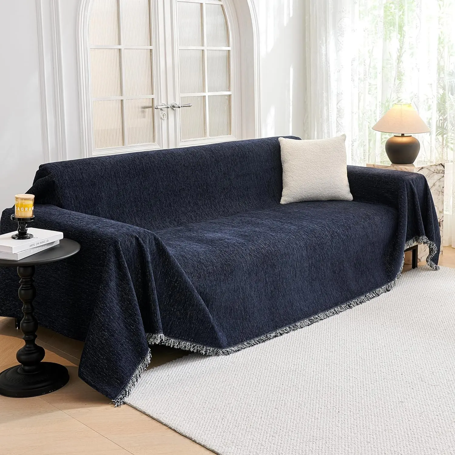 Sofa Covers Love Seat Couch Covers Couch Covers for Reclining Couches Couch Cover Sectional Washable Couch Cover with Tassels Sofa Protector for Kids, Dogs, Pets, 71"x118", Navy Blue