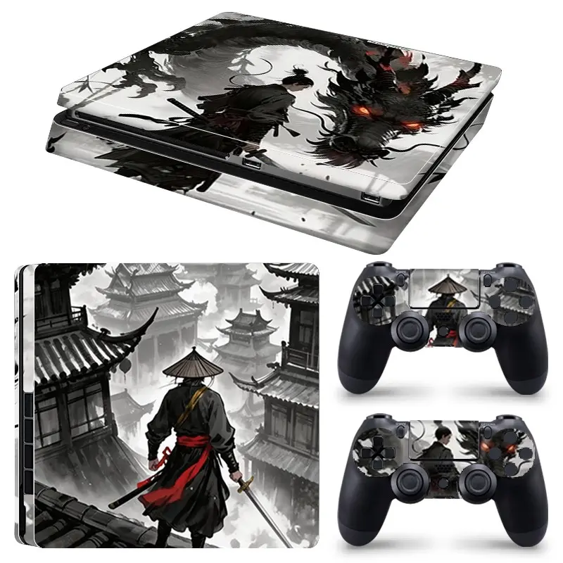 Ink Wash Oriental Dragon Ancient Building Art Vinyl Skin Cover for PS4 Slim Console and Wireless Controllers, Waterproof, Scratch-Proof & Long Lasting, Removable Without Residue Game Console Decor Sticker