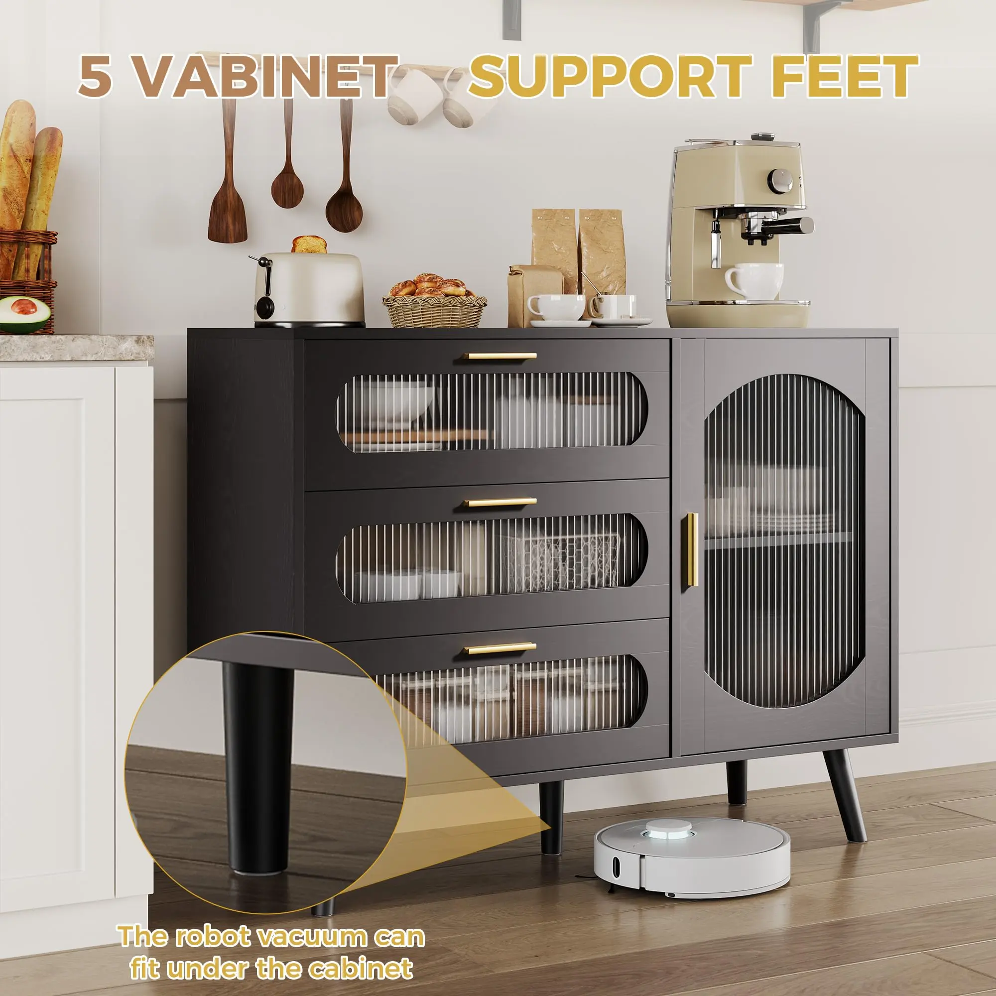 Modern Sideboard Buffet Cabinet with Fluted Glass Doors – 3 Drawers, Adjustable Shelves, Ample Storage, Metal Handles