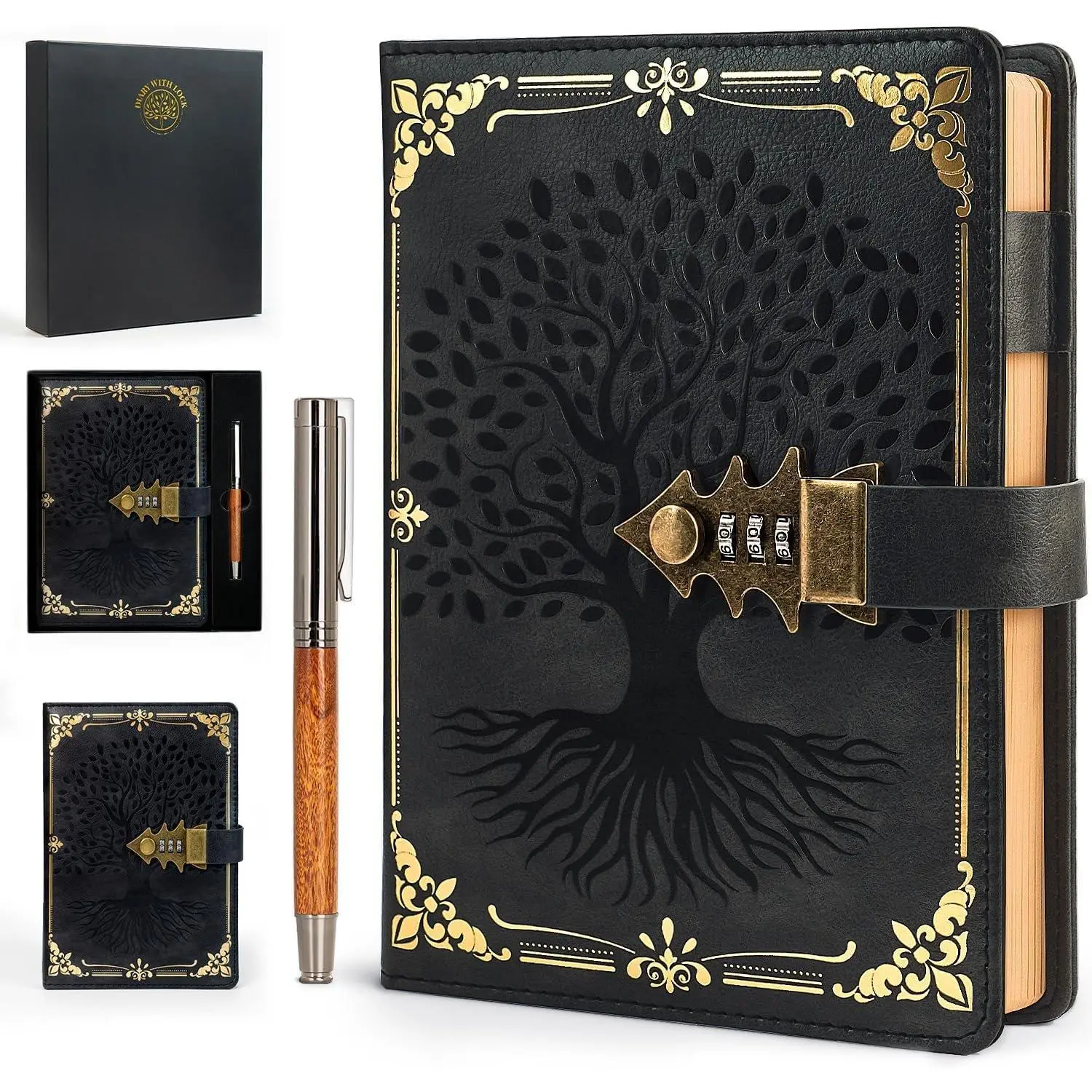 Lockable A5 Black Hardcover Leather Journal with Tree-Lock, Pen, Box, 260 Pages, Refillable 8.6x5.8in Diary for Women, Office & Student Stationery