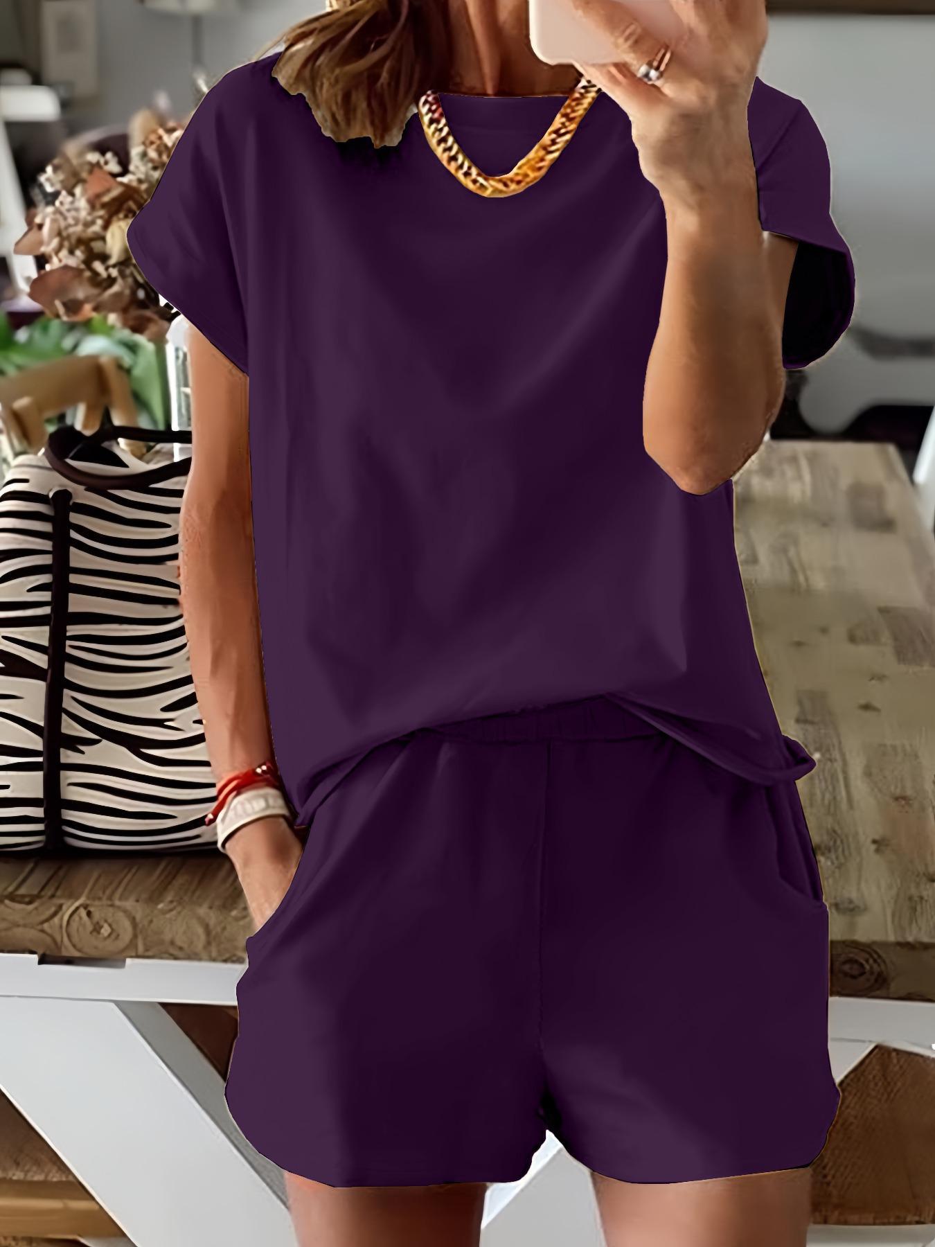 Women's Summer Short Sleeve Plain Set, Slim-Fit Natural Waist Design, Regular Length Pants & Tops, Perfect for Casual Wear