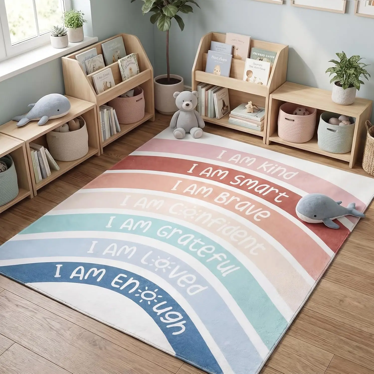 3.3 x 4 ft Calming Corner Classroom Rug Boho Rainbow Positive Affirmation Inspirational Corner Items Rug Educational Soft Carpet Mat for Nursery Homeschool Playroom