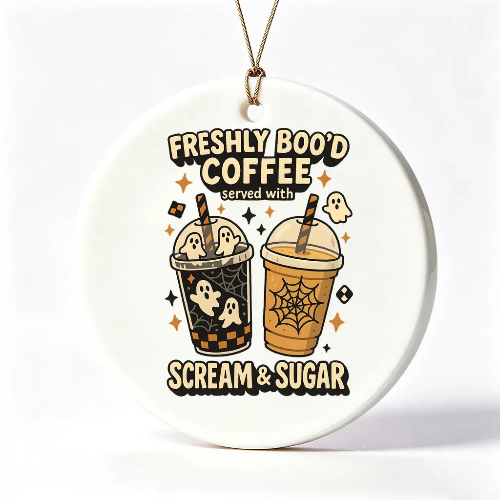 3 Inch, Halloween Style, Ceramic Ornament, Freshly Boo D Coffee Scream And Sugar Ghost Spiderweb Pattern