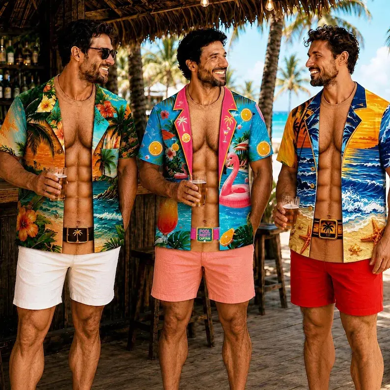 Personalized Short Sleeve T-Shirt, Custom Fake Abs Body All Over Print Polyester Tee, Summer Gift,Lapel Collar Short Sleeve Loose Fit Full Print Shirt For Beach, Cruise, Pool Party, Holiday Trip#Men's Hawaiian Shirt#CustomAllOverPrintShirt