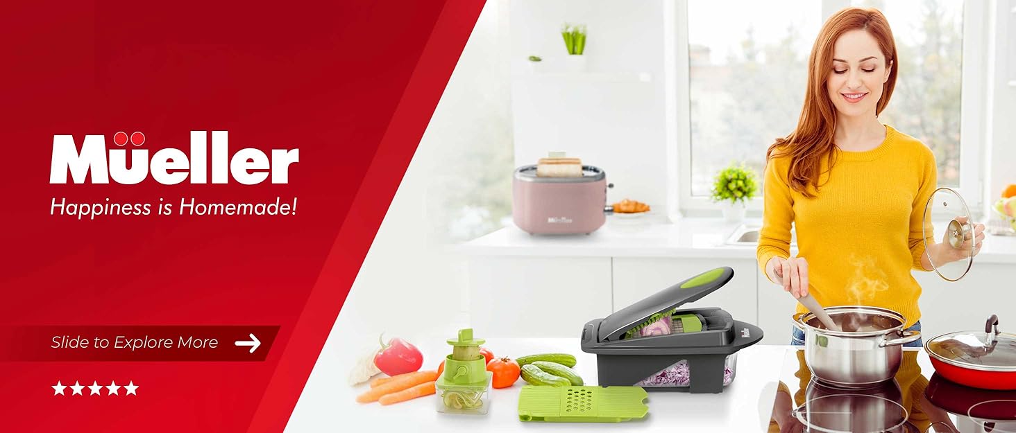 Mueller Vegetable Chopper Mandoline Slicer, Food Veggie Chopper, Cheese Grater, Onion Vegetable Cutter with Container, Dicer, Kitchen Gadgets & Essentials, White Sand/Grey