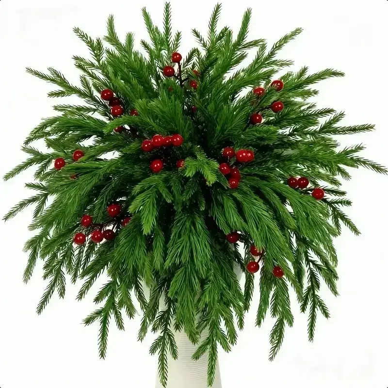 40 Artificial Plastic Norfolk Spruce Boughs, Realistic Christmas Tree Decor, with Needles and Berries, Indoor Outdoor Holiday Decoration