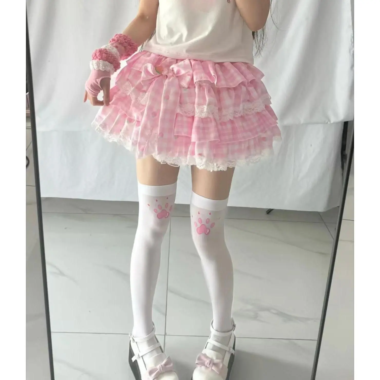 2026 new hot item Sweet Lolita Pink Checkered Cake Skirt Japanese Kawaii Ruffle Hem Mini Skirt Y2K Women Cute Bow High Waist Skirt