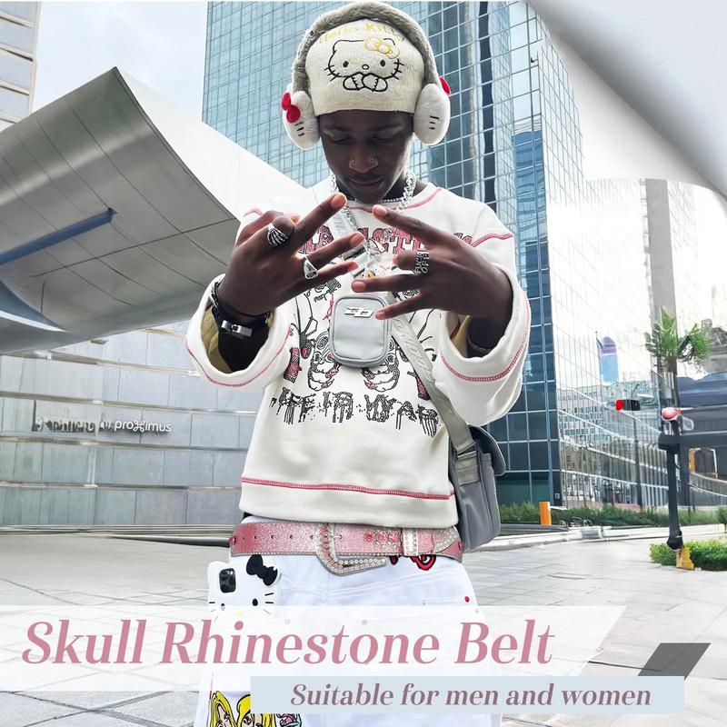 XZQTIVE Rhinestone Skull Sequins Belt for Men and Women - Sparkly Bling Diamond Studded Belt, Western Cowgirl Cowboy Style, Glamorous Accessory for Parties, Events, and Daily Wear