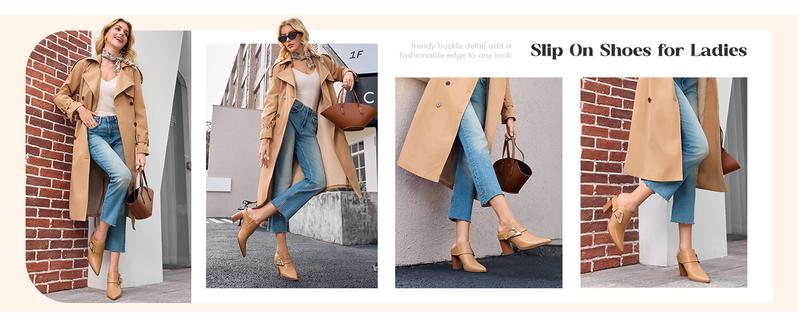 Coutgo Womens Mules Boots Chunky Stacked Heel Pointed Toe Booties Slip On Dress Boot Shoes with Buckle Decoration