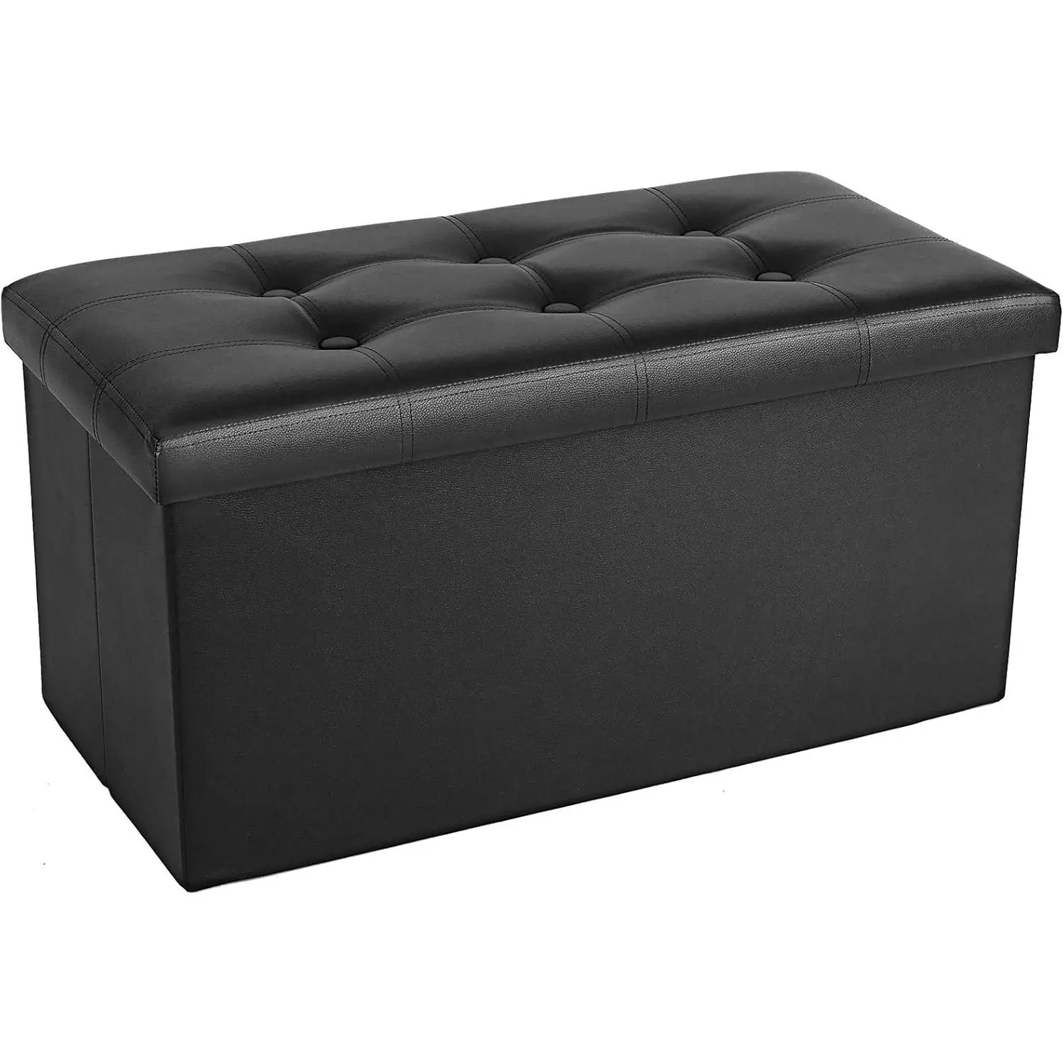 Ottoman Bench with Storage - 30x15x15in Folding Leather Ottoman, Rectangle Foot Stool Foldable Storage Chest Footrest Footstool Collapsible with Lid for Bedroom Living Room Pure Black