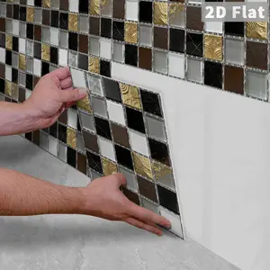 10PCS GST Dark Brown Black Gold Luxury Mixed Mosaic Tile Stickers, Glossy PE Foam, Waterproof Oilproof, Self-Adhesive, Shock & Abrasion Resistant, for Kitchen Bathroom Bedroom Home Decor