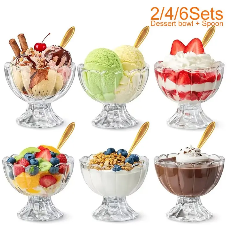 Glass Dessert Bowls Set with Spoons, Serving Bowls, Clear Bowls, Transparent Tulip Shape Ice Cream Bowl, Wave Edge Mille-Feuille Bowl, Perfect for Sundae, Fruit, Pudding, Banana Split Bowls, Fruit Salad Bowls