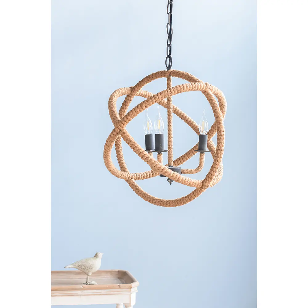 ARCH 3-Light Farmhouse Rope Chandelier Globe Hanging Light Fixture Adjustable Chain Pendant Lighting for Kitchen Dining Room Foyer Entryway Living Room Bedroom Hallway, Bulb Not Included, Rustic Industrial Ceiling Lamp, Living Room Table for Sofa
