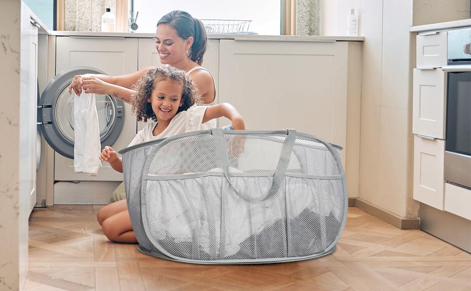 2 Pack Collapsible Laundry Baskets, Laundry Hamper with Convenient Bags, Foldable Laundry Basket Mesh Light Weight, Easy to Carry Clothes Hampers for Laundry, Dorm, Toys, Travel Grey