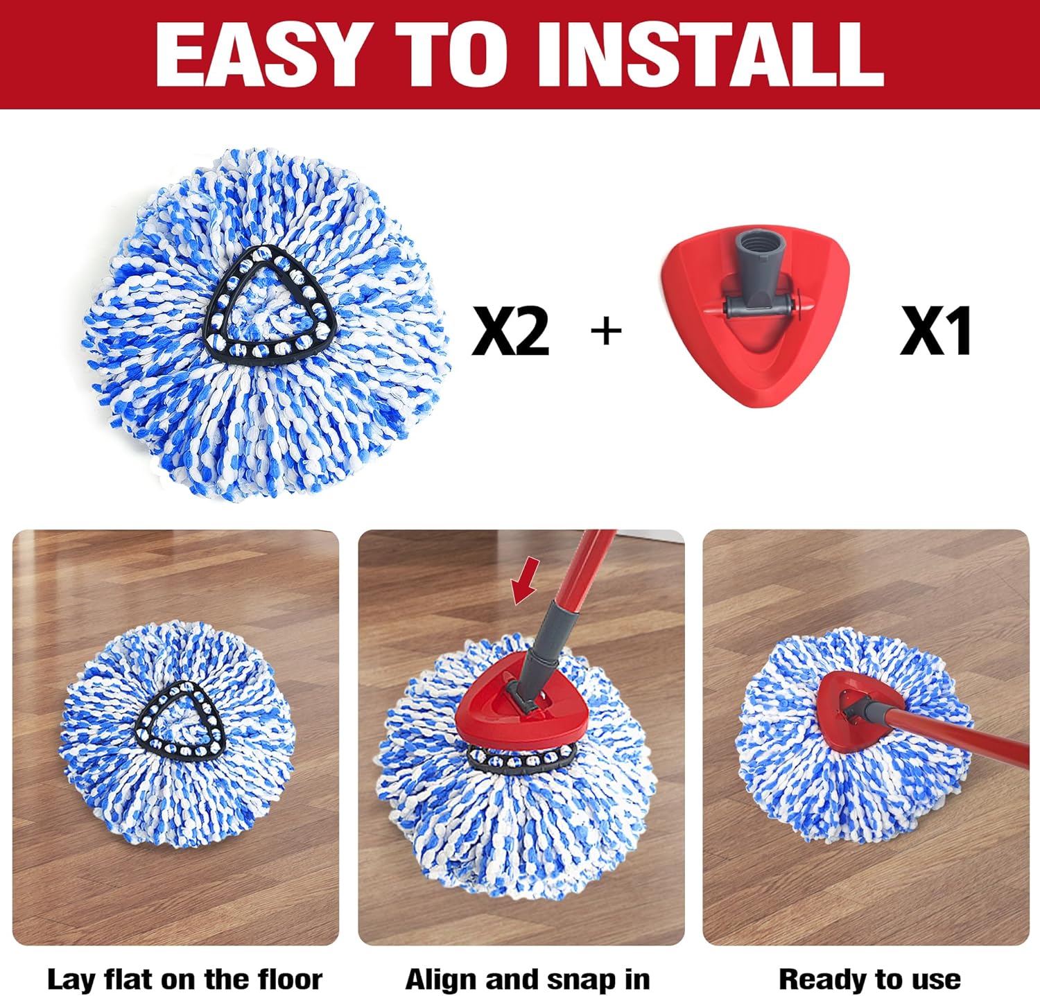 Mop Heads Replacements 2 Pack with Triangle Base for  RinseClean 2 Tank System, Microfiber Spin Mops Replace Refills for Deep Cleaning  Floors