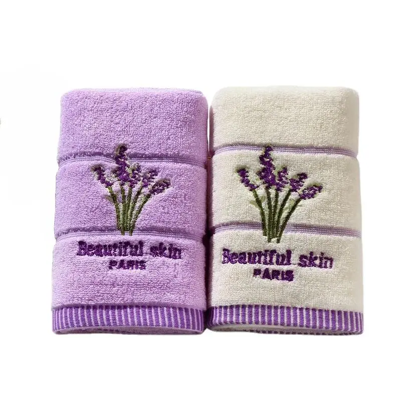 High Quality Cotton Embroidery Lavender Aromatherapy Soft Touch Bathroom Set, 34x75cm Bath Linen with Hand & Face Linens for Home Supplies