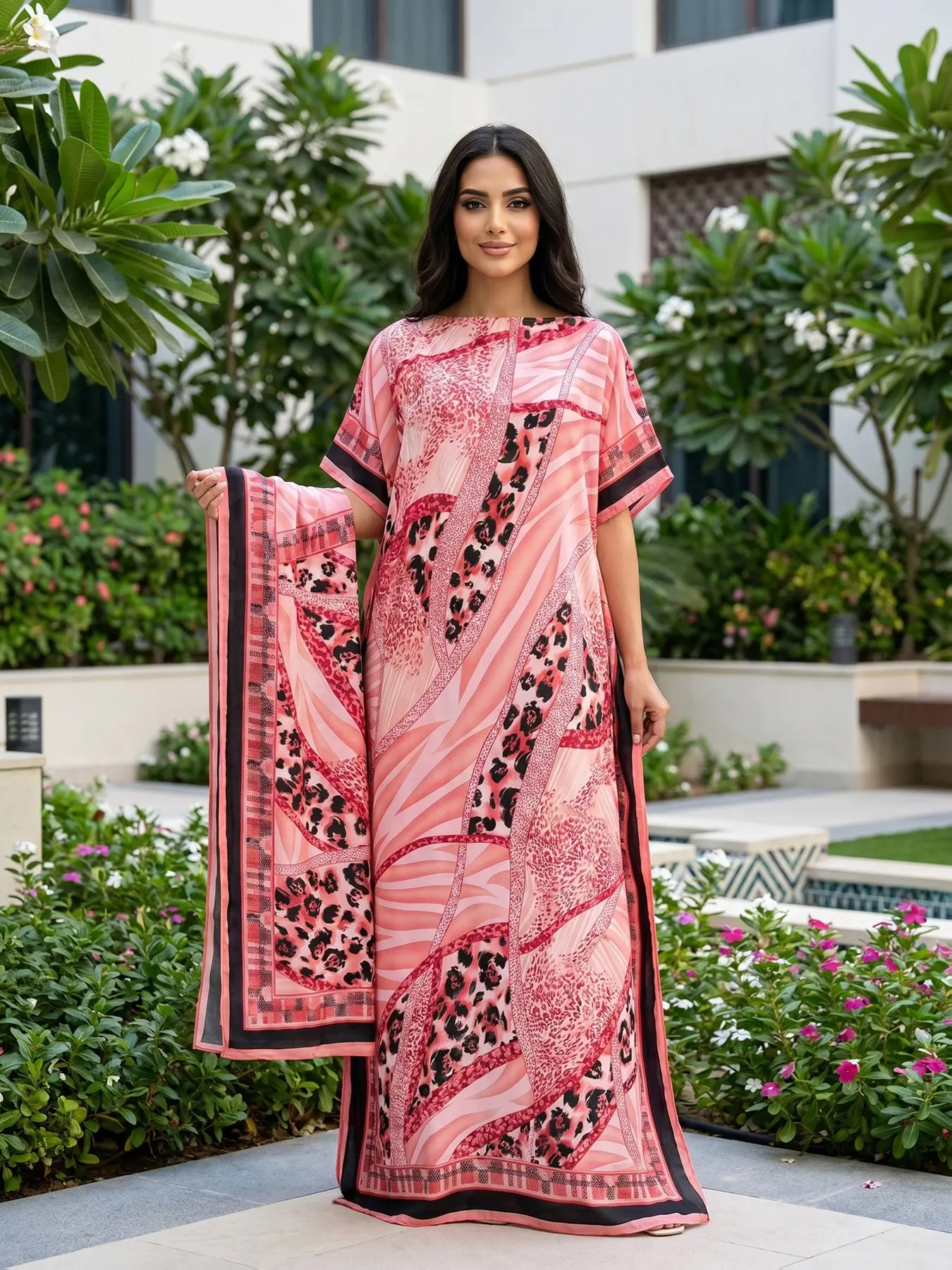 Plus Size 2-Piece Set Pink Leopard Print Silky Smooth Caftan Dress Set with Scarf, Women's Animal Print Maxi Dress, Loose Fit Plus Size Resort Wear