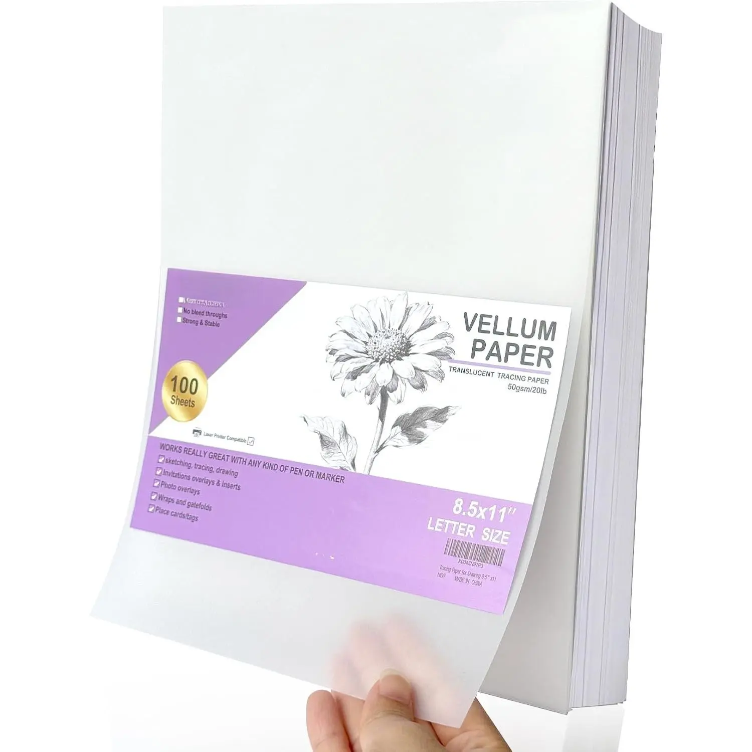 Tracing Paper 8.5x11 inch, 100 Sheets Transparent Vellum Paper for Tracing Pads, 32lb/50gsm Translucent Tracing Paper for Pencil, Marker and Ink,Trace Images, Sketch, Preliminary Drawing, Overlays.