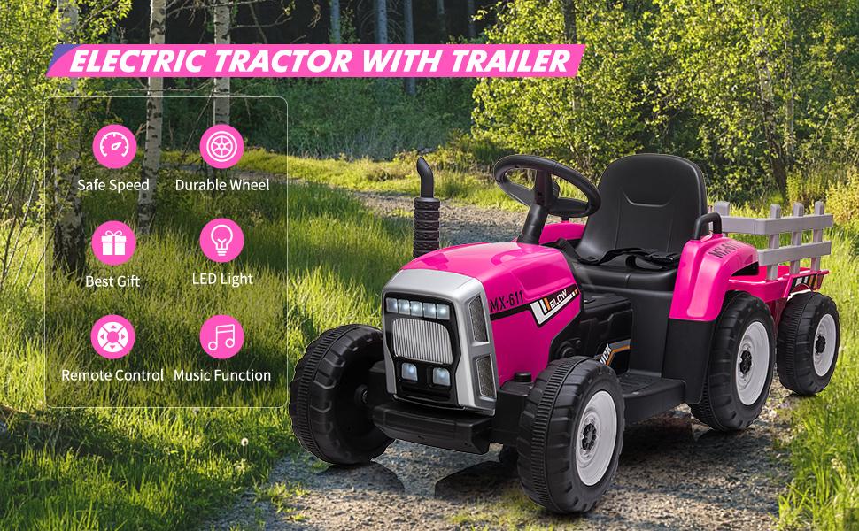 GARVEE 12V Battery Powered Electric Tractor with Trailer for Toddlers 3-6 Years, Featuring Remote Control, 7-LED Headlights, 2+1 Gear Shift, Music Player, USB Port, Rose Red Color, 35W Motor, EVA Tires
