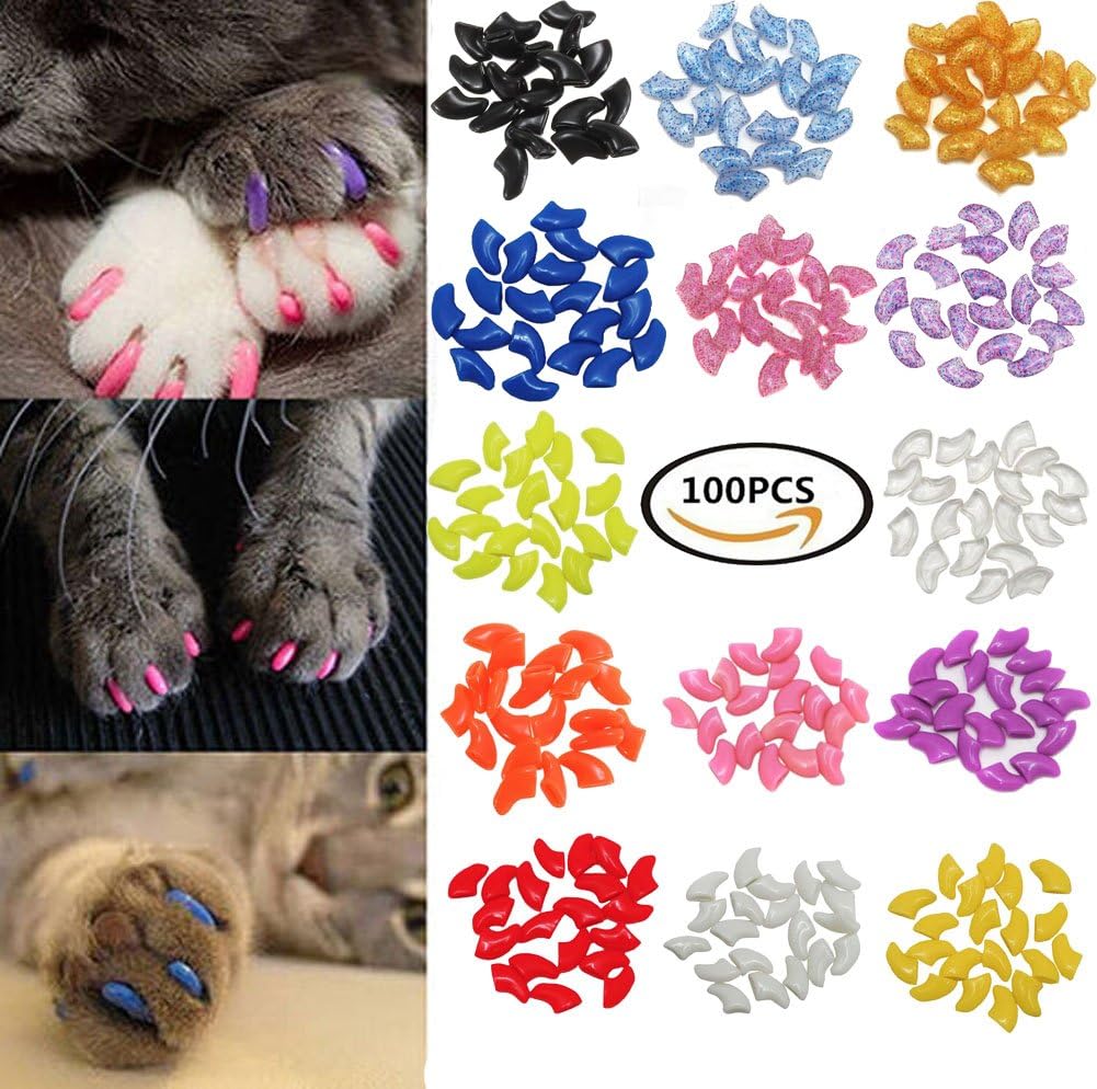 Cat Nail Caps, 100pcs Medium Size 5 Colors with Glue and Applicators, Safe for Cat Claw Care, Protect Homes and Furniture, Prevent Scratch Disease, Long-lasting, Skin-friendly Cat Nail Caps, 100pcs Medium Size 5 Colors with Glue and Applicators, Safe for Cat Claw Care, Protect Homes and Furniture, Prevent Scratch Disease, Long-lasting, Skin-friendly