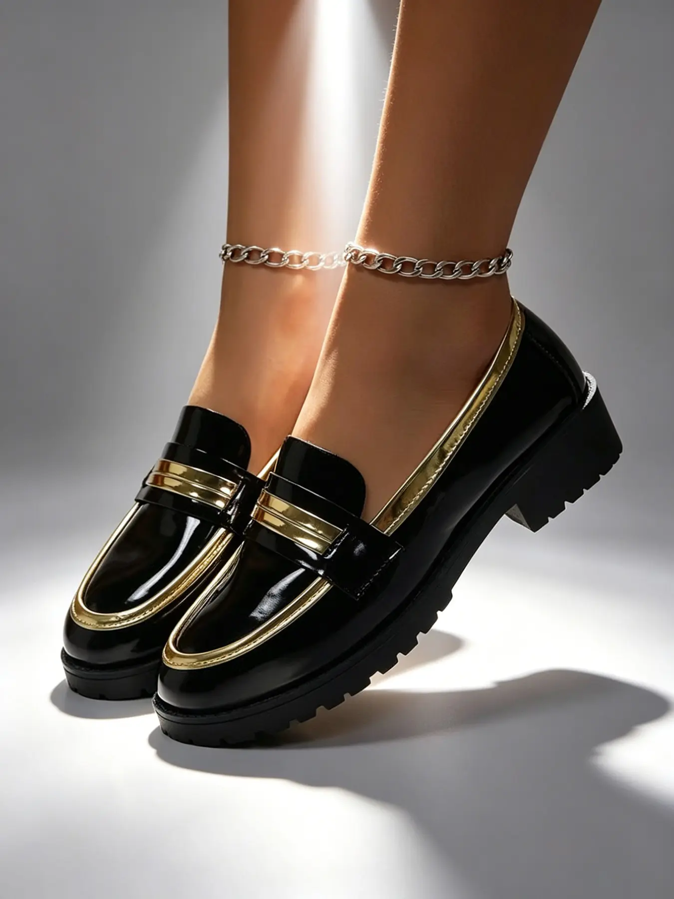 Luxury Commuter New Mirror Leather Metal Gold Trim Thick Sole Loafers, Round Toe Soft Leather Anti-Slip Heel Slip-On Shoes, French Style Office Campus Streetwear