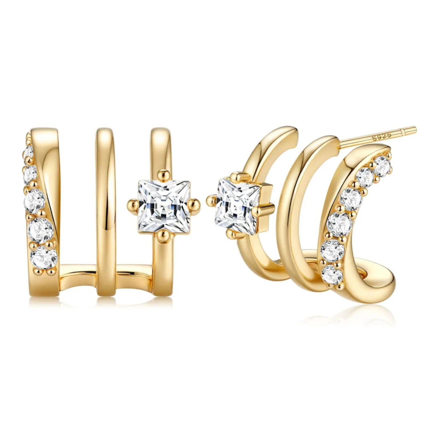 FIASASO S925 Sterling Silver Illusion Stud Earrings for Women | Hypoallergenic 14K Plated Gold Triple Hoop Huggie Earring for One Hole Trendy Lightweight Multi Hoops Claw CZ Earrings