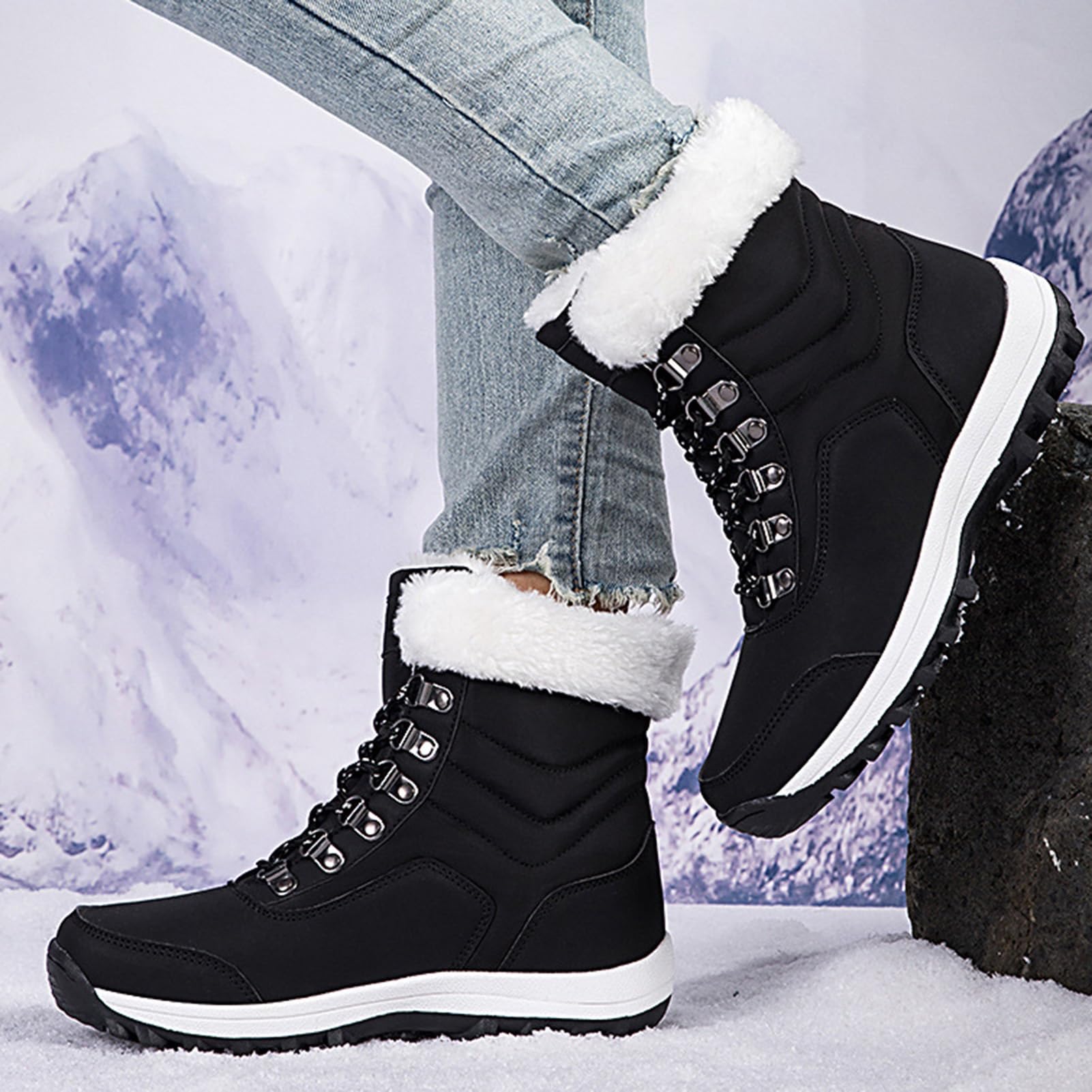 Women's Winter Snow Boots Waterproof Leather Faux Fur Lined Lace Up Ankle Booties Black Casual Warm Lightweight Anti-Slip Rubber Outsole Padded Soft Stylish Walking Shoes for Snowy Days Footwear White SpringStatements