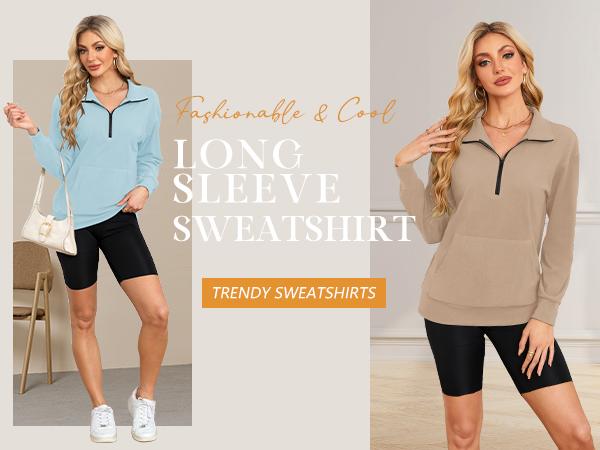 Women's Half Zip Sweatshirt Hoodless Hoodie Stand Collar Fleece Longsleeve Oversized Casual Style Pullover with Kangaroo Pocket Basic Minimalist Tops