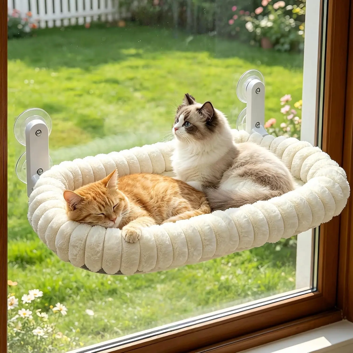 Cordless Cat Window Perch Hammock for Cats with 4 Strong Suction Cups, Solid Metal Frame and Cushion Bed Cover, Indoor Cat Bed (XL, Stripe)Gift