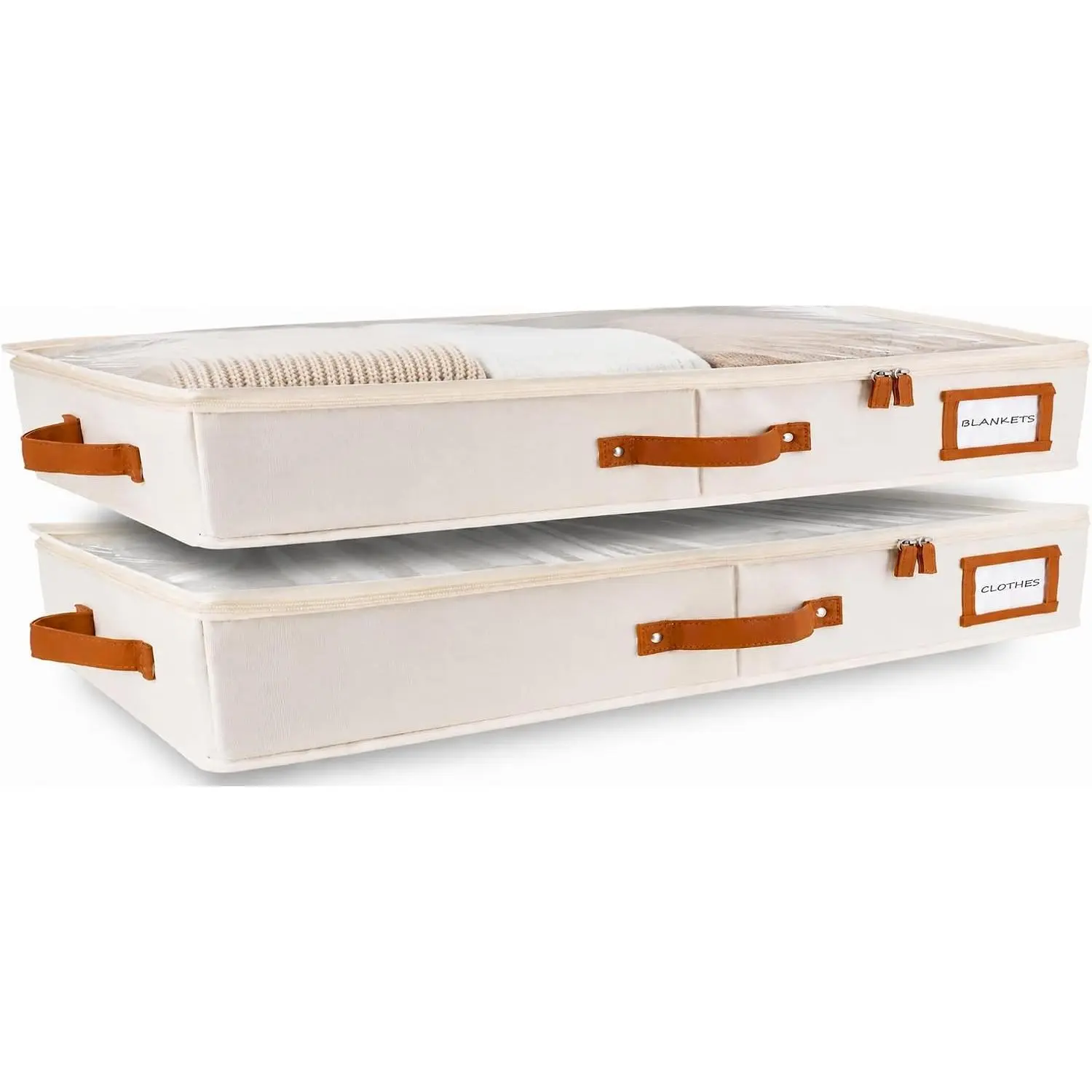 2pc Low Profile Under Bed Storage Containers, Thin Under Couch Storage Organizer with Bins & Lids, Underbed Storage Box Ideal for Seasonal Clothes, Blankets, Fabric & Shoes (Ivory)
