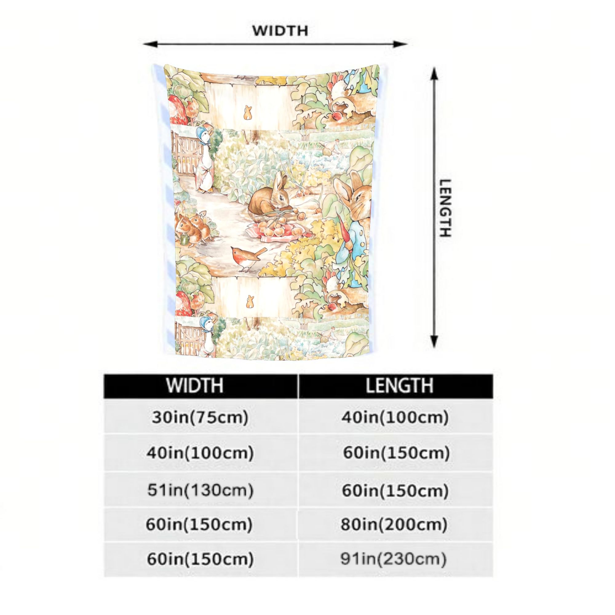 A vintage blanket from the world of Beatrice Potter - Large, soft flannel, featuring Peter Rabbit, Jemima Paddle Duck, and Mrs. Tigger Winkler - A comfortable all-season bedspread suitable for the sofa, living room, and bedroom - Adorned with illustration