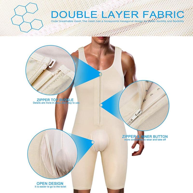 Men's Shapewear Bodysuit Tummy Control Compression Full Body Shaper with Zipper Workout Underwear Plus Size