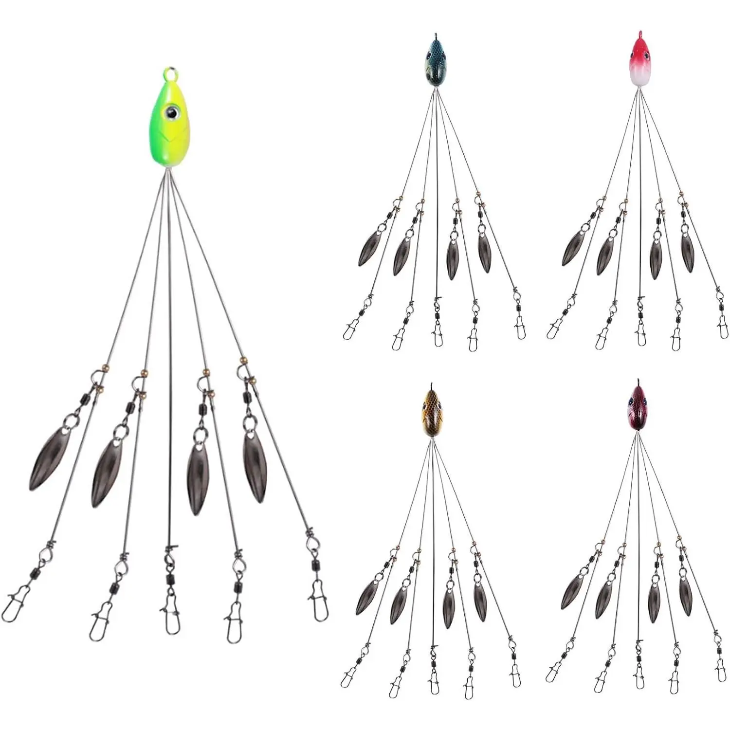 5pcs 5 Arms Alabama Umbrella Rig with 4 Blade bass Fishing Rigs Lure Saltwater Stripers Swim Bait Ultralight Tripod Bass Lures Bait Kit Junior Ultralight Willow Blade Multi-Lure Rig