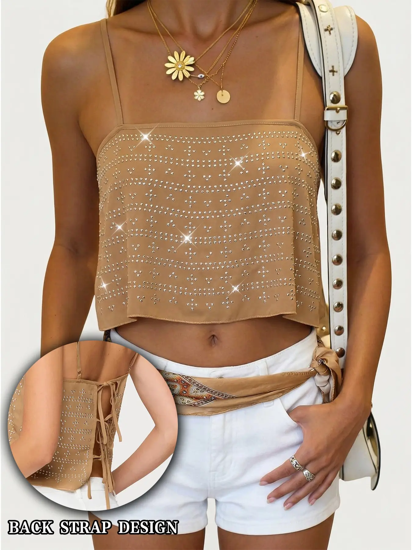 Women's Western Style Rhinestone Cami Top, Back Tie Strapless Short Crop Top, Outdoor Y2K American Girl Summer Casual Wear