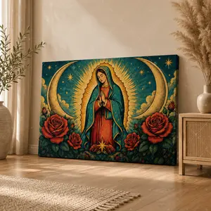 Our Lady of Guadalupe with Roses and Moons Horizontal Canvas Wall Art, Sacred Religious Poster, Home Decor for Living Room Bedroom Chapel, Available as Unframed Canvas Poster or Framed Canvas Wrap