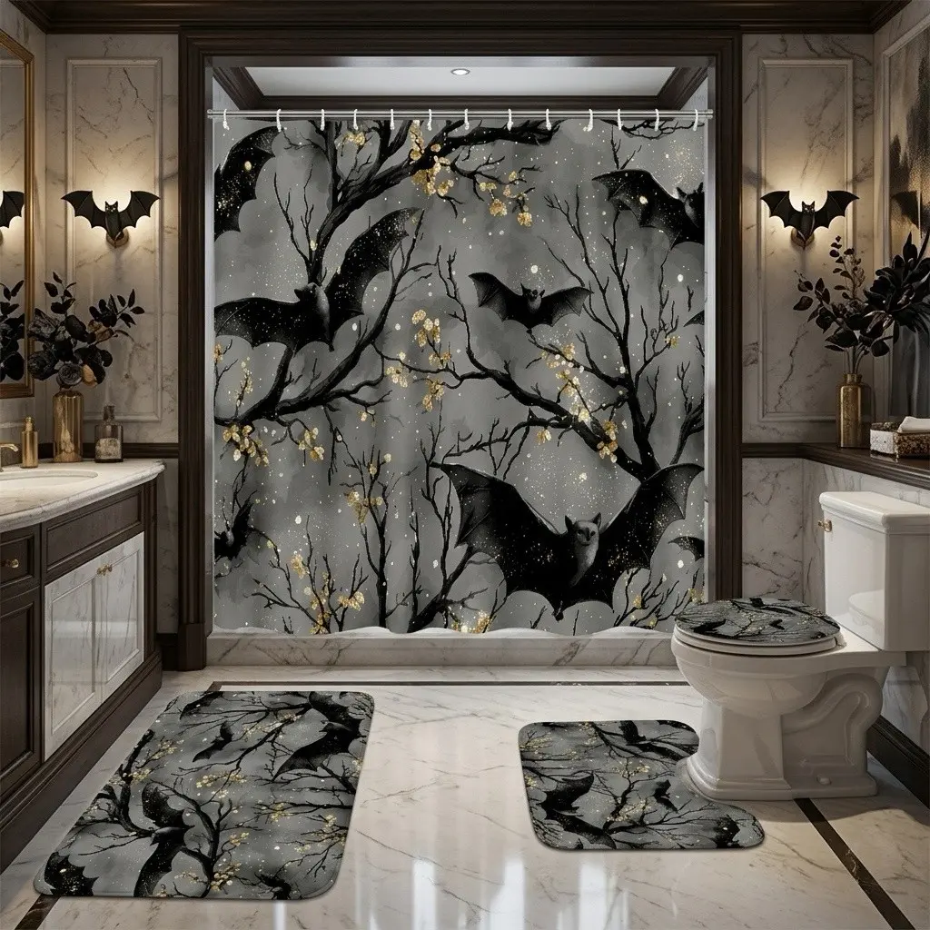 Gothic Bat & Gold Leaf Shower Curtain Set, 4 Piece Bathroom Set with Bath Mat, U-Shaped Toilet Rug, Toilet Lid Cover & Hooks, Eerie Halloween Bathroom Decor