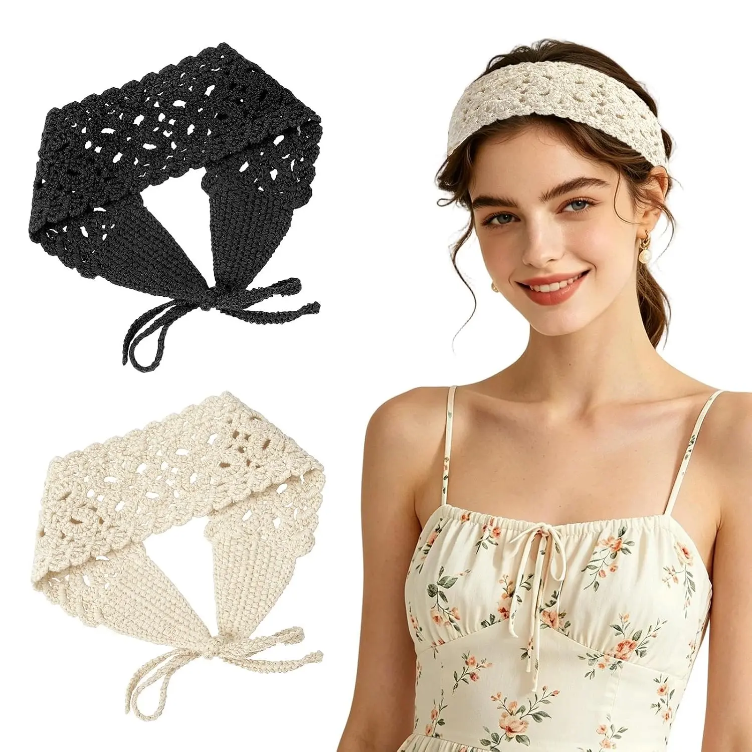 2 count Crochet Headbands for Women, Boho Headbands | Cochet Headband Hippie Hair Bandana Headband Crochet Knit Hair for Women and Girls(Black&White)