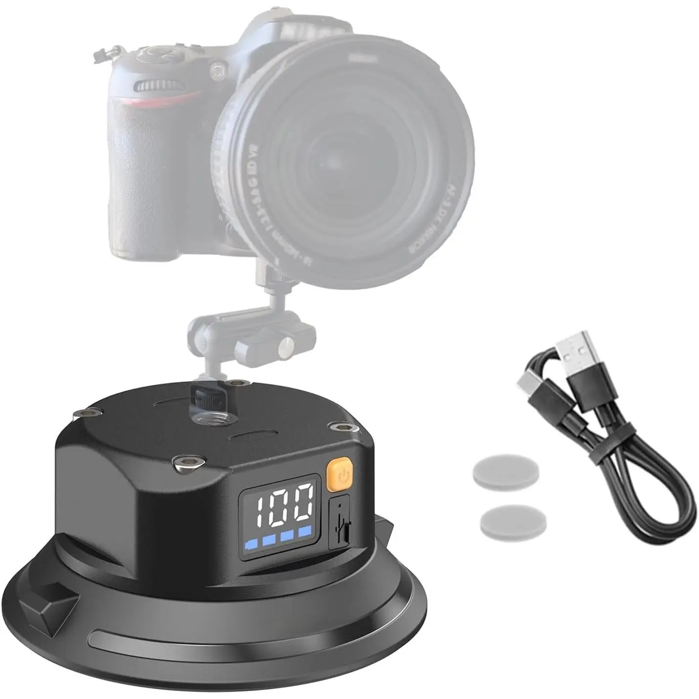 4.5" Electric Vacuum Suction Cup Camera Mount, 1/4" Thread ABS Heavy-Duty  Mount for Action Camera, Phone & DSLR, Real-Time Leak Protection & 110LB Load for /Boot/Windshield