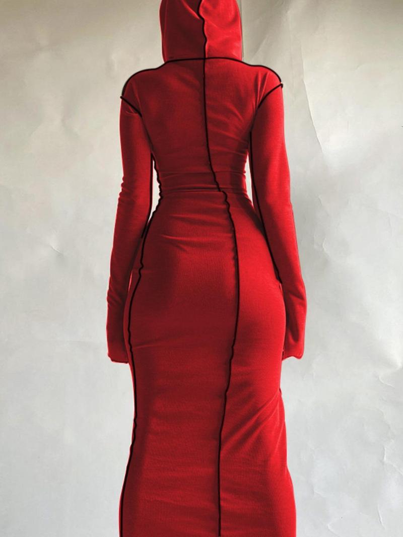 Women's Plain Drop Shoulder Hooded Bodycon Dress, Casual Long Sleeve Solid Long Dress for Fall & Winter, Women's Clothing