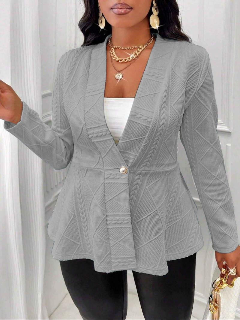 【Plus Size】 Solid Textured Button Front Blazer, Casual Fitted Long Sleeve Deep V Neck Outerwear for Work Office Business, Women's Clothes for All Seasons