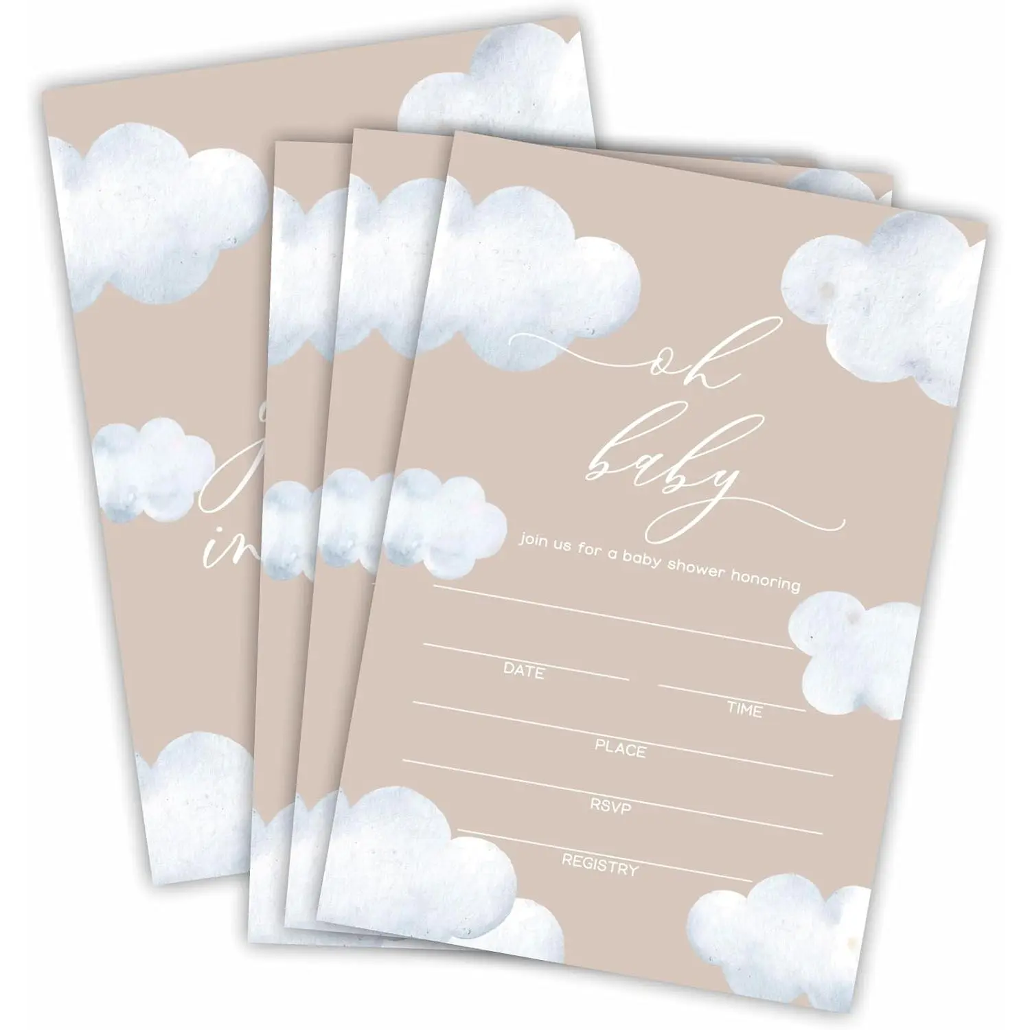 Baby Shower Invitation Cards With Envelopes, Watercolor Clouds Invites For Baby Shower, Gender Reveal, Baby Announcement, Party Favor & Accessories(25Pcs) - B06