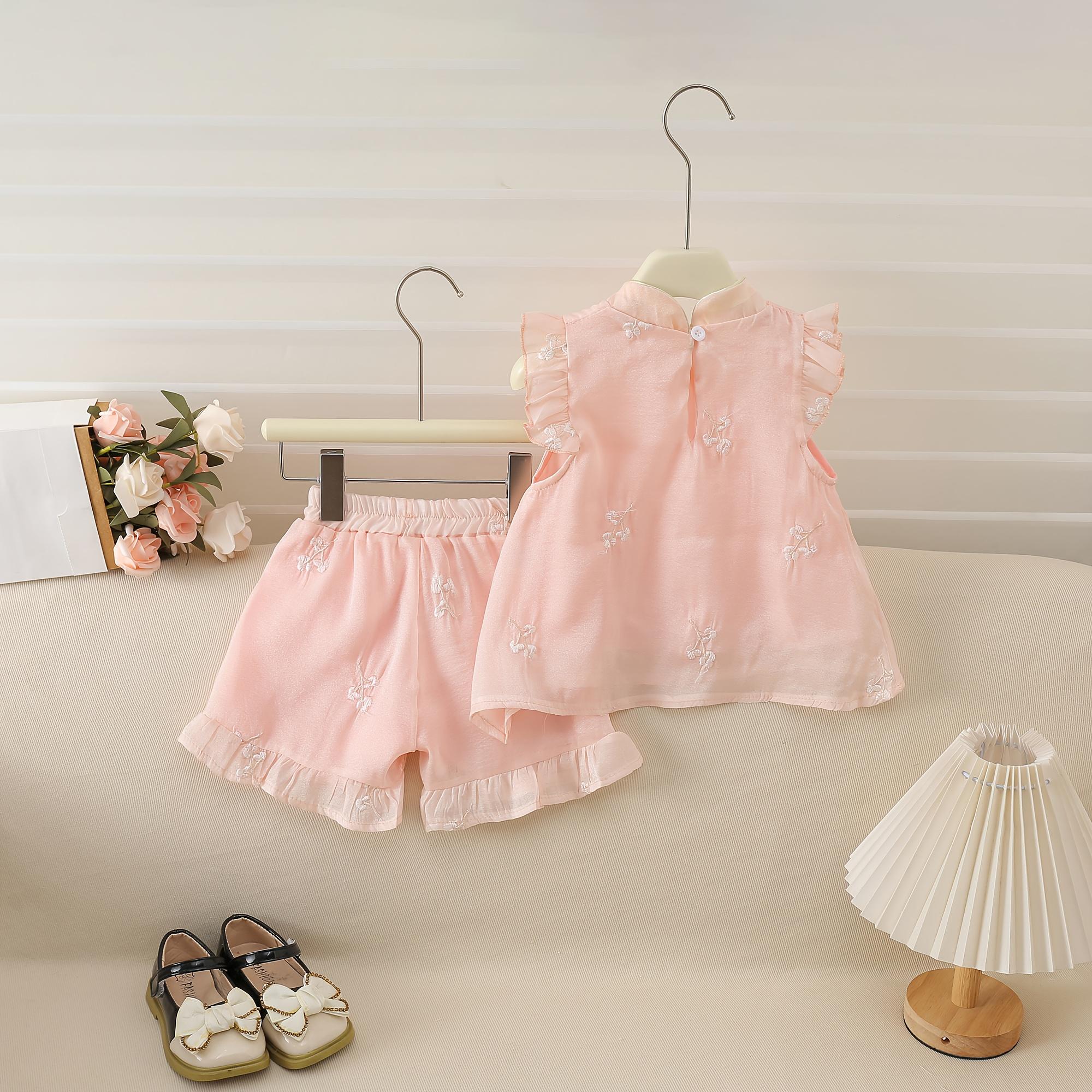 NewNew Style Children's Girls' Embroidered 2pcs Set, New Chinese Style "Mu Yun Sha" Princess Outfit, Three-Dimensional Flower Sleeveless Top + Elastic Waist Shorts, Super Sweet and Cute Pink Vacation Set, Lightweight and Comfortable, Perfect for Outdoor